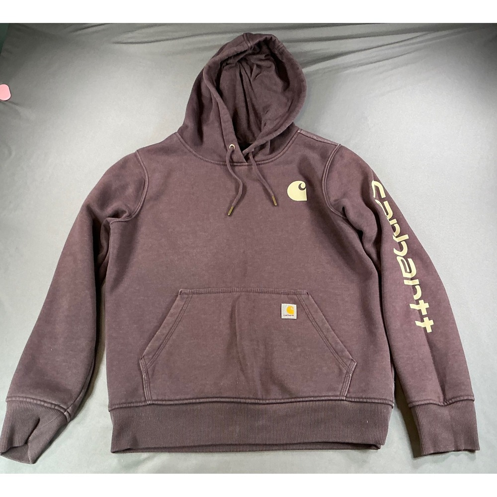 Carhartt Womens Relaxed Fit Graphic Hoodie Purple Small Logo Sleeve Sweatshirt